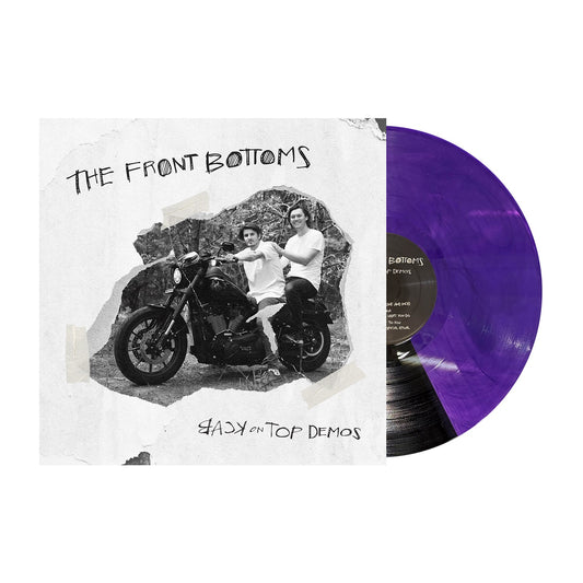 Album cover for The Front Bottoms Back On Top Demos features a black-and-white photo of two people with a motorcycle, torn paper effect, and a partially visible Black/Purple Split Vinyl on the right.