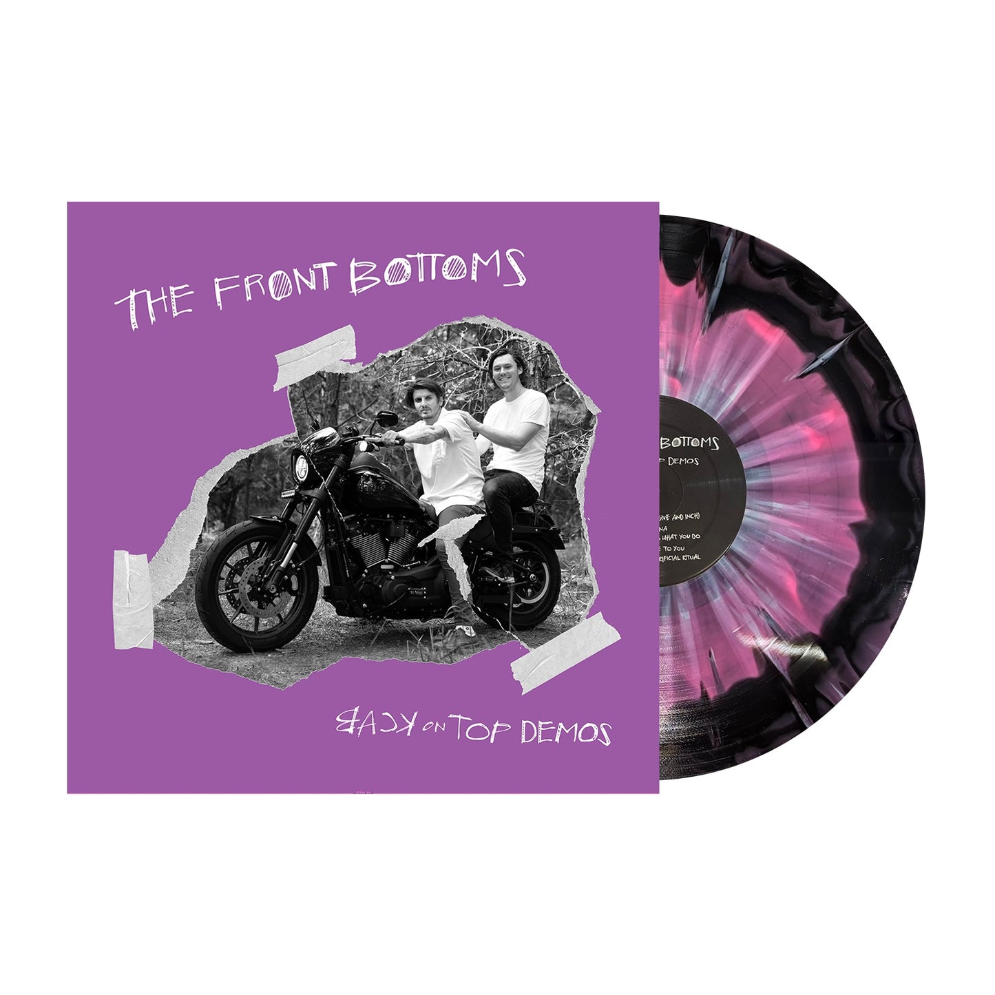A Starburst Vinyl with black, white, and purple splatter peeks from a purple cover featuring a black-and-white photo of two people with a motorcycle. The screen printed cover reads The Front Bottoms - Easy On Top Demos. Brand: The Front Bottoms.