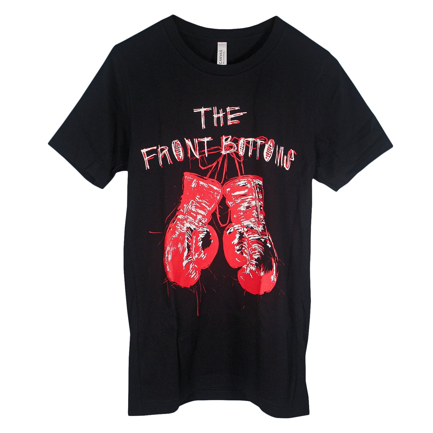The Front Bottoms Bella + Canvas black T-shirt with two red boxing gloves and THE FRONT BOTTOMS in a distressed handwritten font above. Unisex fit, 100% cotton for comfort and durability.