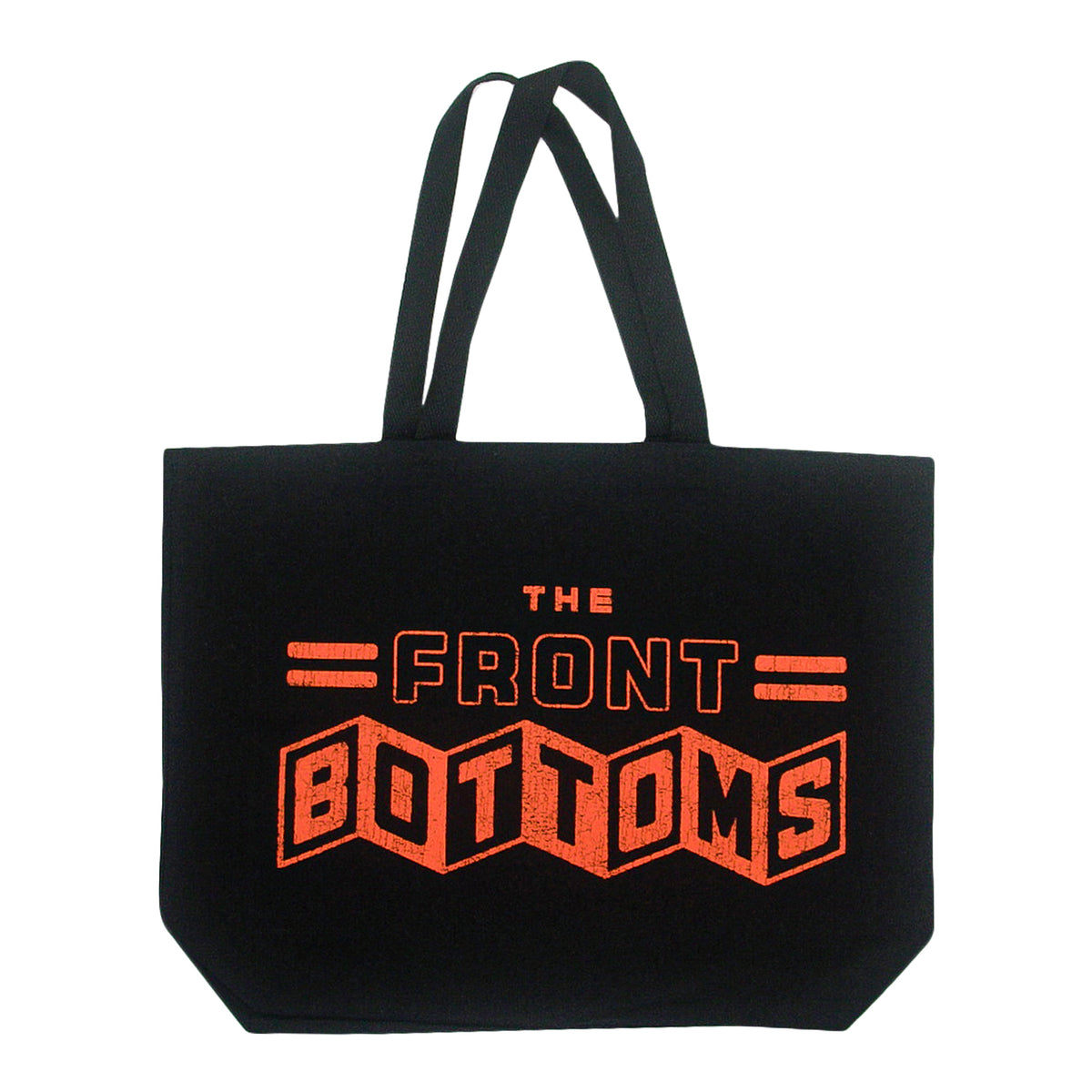 Black heavy cotton canvas tote bag with the orange text THE FRONT BOTTOMS printed on the front.