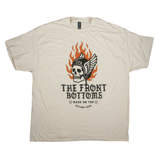 Off-white classic fit t-shirt featuring a graphic of a winged skull wearing a helmet in front of flames, with text reading The Front Bottoms, Back On Top, and Acting Cool.