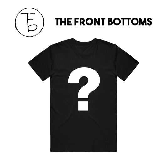 A black The Front Bottoms T-shirt with a large white question mark, THE FRONT BOTTOMS text, and a circular TFB logo—an ideal mystery item for any fan’s collection, guaranteed to be unique in your store.
