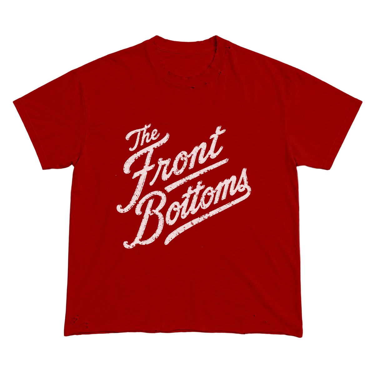 Red Comfort Colors ring-spun cotton t-shirt with a white distressed The Front Bottoms band logo on the chest.