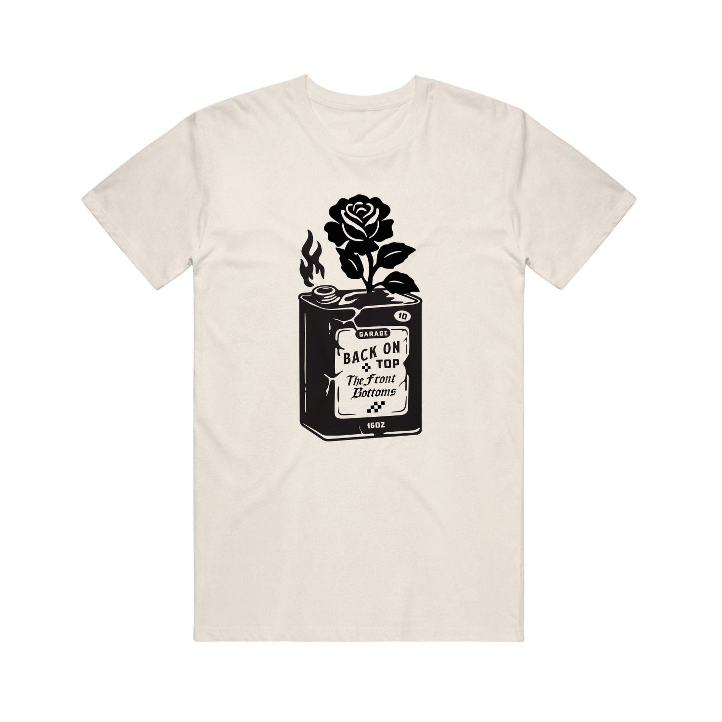 The Front Bottoms beige Gildan T-shirt features a black rose rising from a 16oz paint can labeled Back on Top, with a small flame—ideal for fans who love unique printed tees.