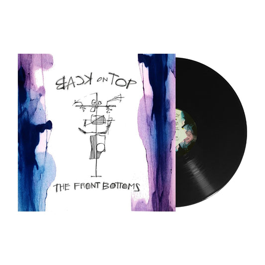 A vinyl record by The Front Bottoms partially slides out from its sleeve, which displays abstract purple and blue watercolor edges, a line drawing of a figure with plastic flowers, and the text Back on Top.