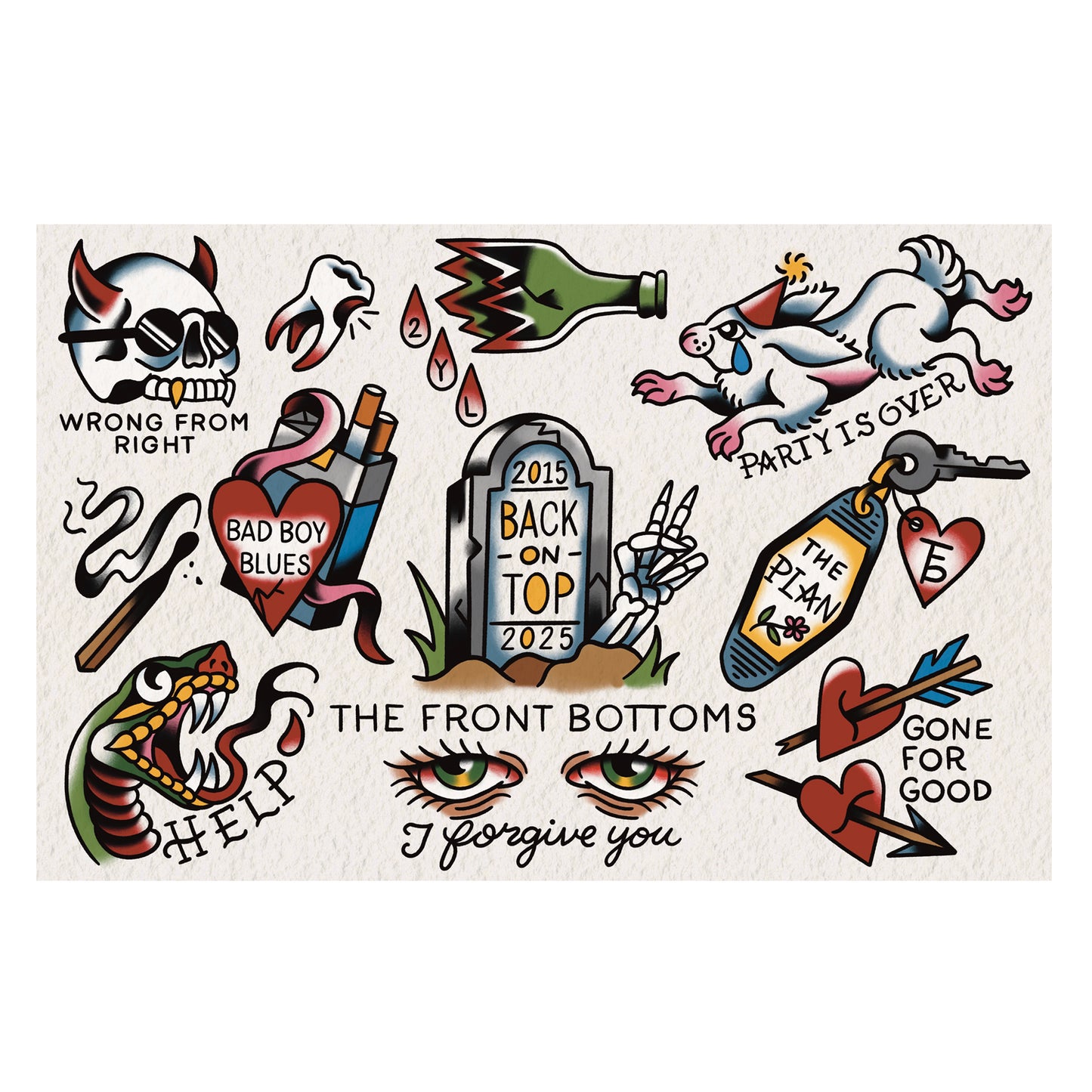 A The Front Bottoms collection featuring old-school tattoo designs: skull, snake, crying eyes, tombstone, heart locket, broken bottle, rabbit, and banners with phrases like Partly is Over and Back on Top 2015-2025.