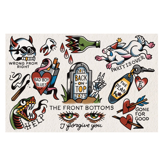 A The Front Bottoms collection featuring old-school tattoo designs: skull, snake, crying eyes, tombstone, heart locket, broken bottle, rabbit, and banners with phrases like Partly is Over and Back on Top 2015-2025.