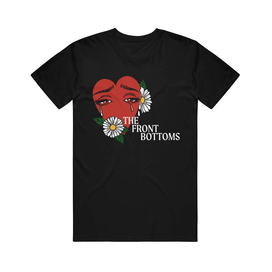 This black Gildan Hammer T-Shirt, by The Front Bottoms, features a red face with teardrops, white daisies, and “THE FRONT BOTTOMS” in bold white letters on the front.