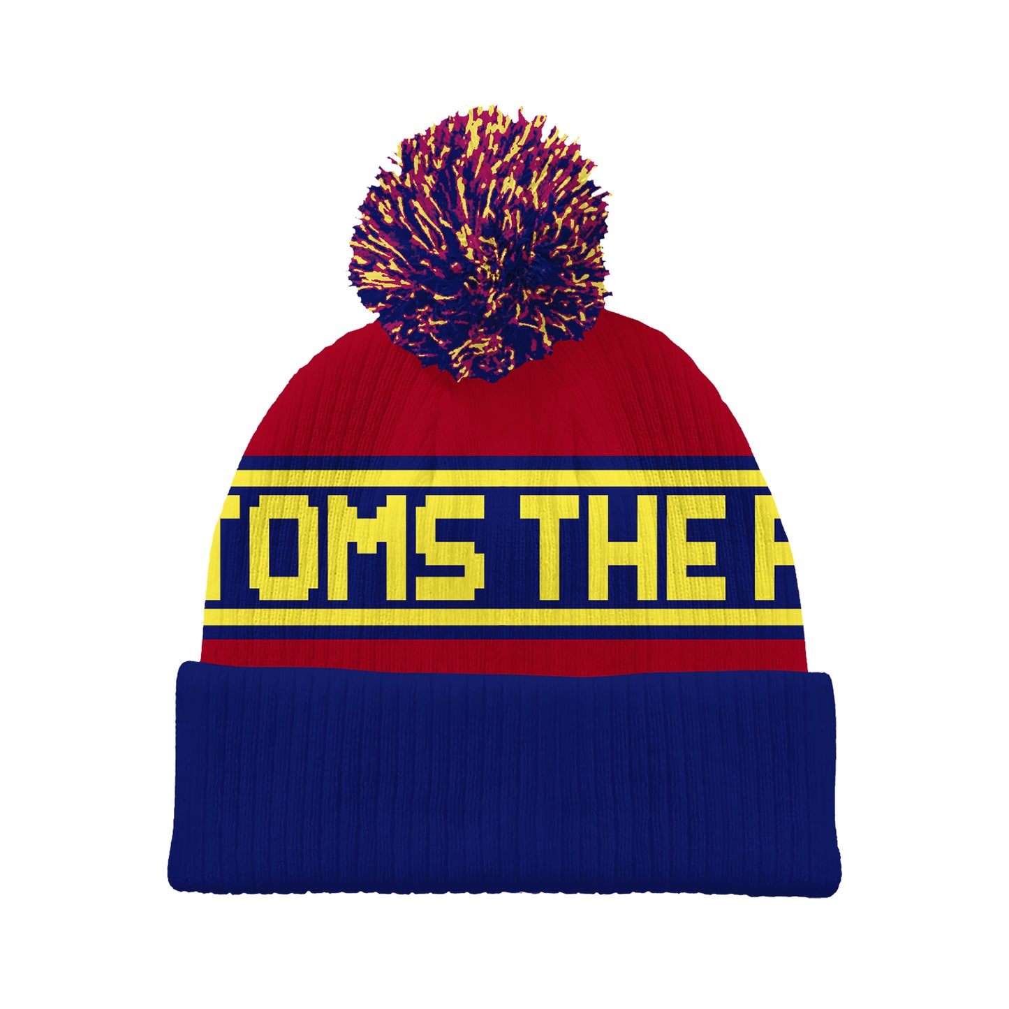 The Front Bottoms red knit beanie features a wide blue folded brim, large blue and yellow pom-pom, and bold yellow text—a great holiday gift. Order now to meet the shipping deadline!.