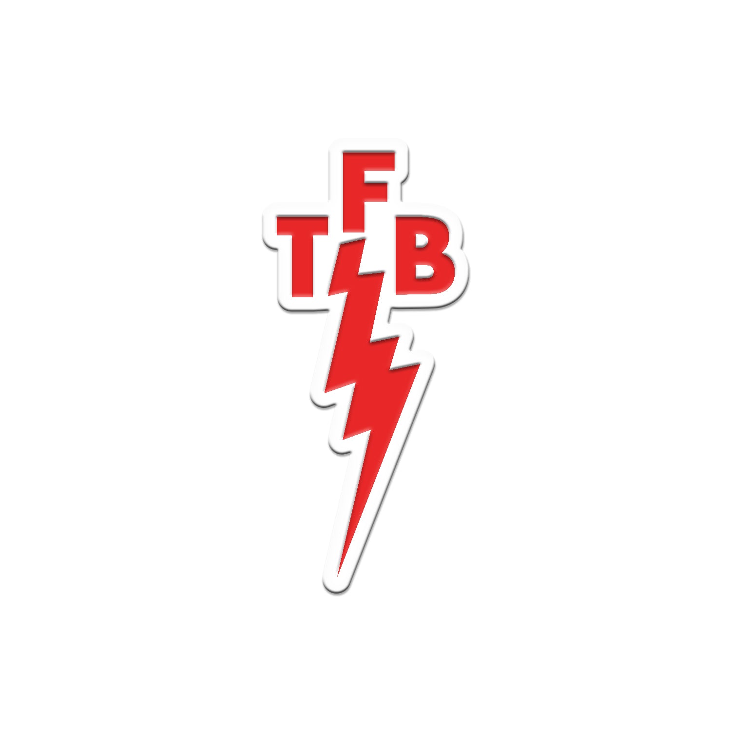 A red lightning bolt enamel pin with white "T", "F", and "B" letters outlined in red above it, on a white background. Official merch from The Front Bottoms.