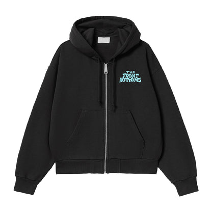 A black jacket from The Front Bottoms featuring a blue logo.