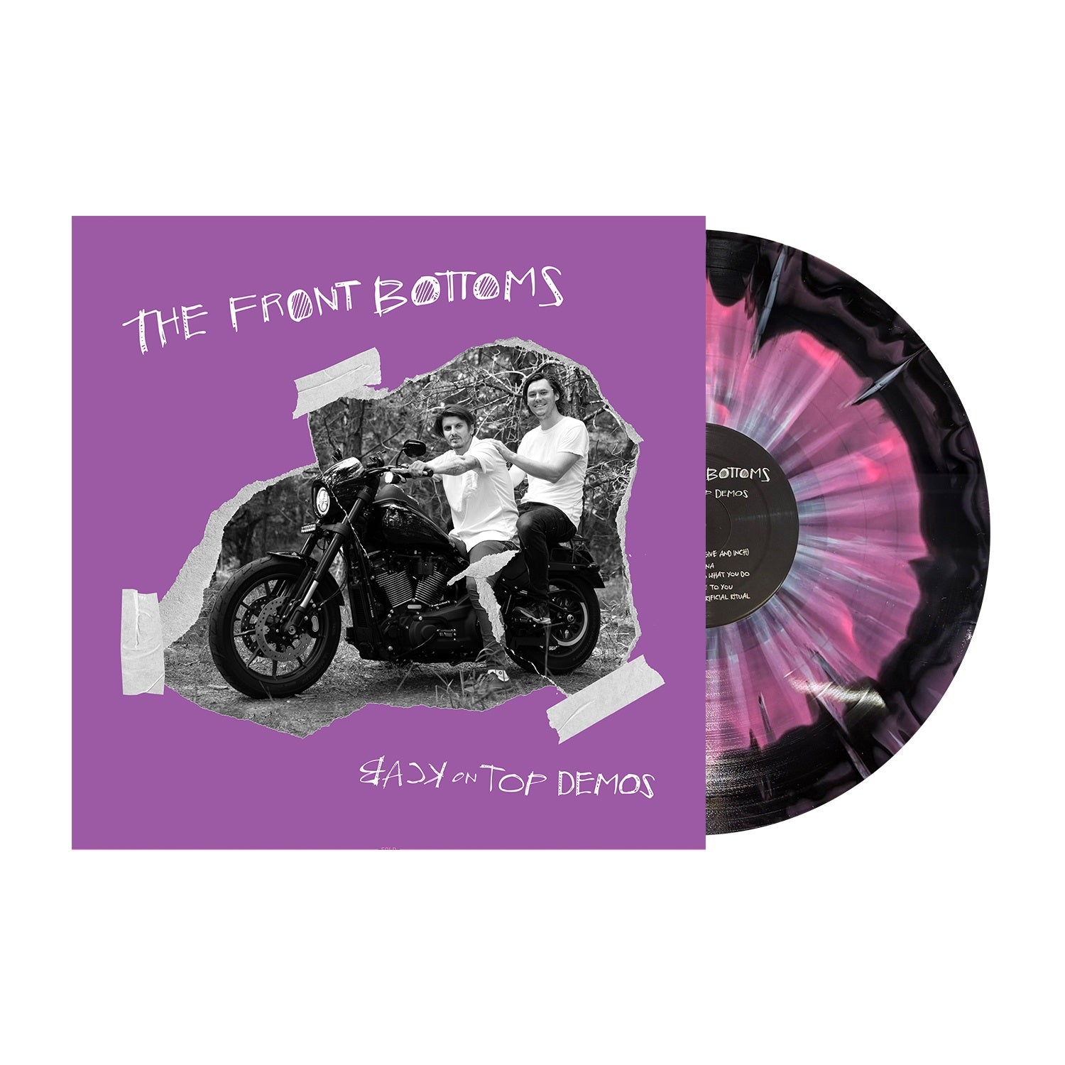 A Starburst Vinyl with black, white, and purple splatter peeks from a purple cover featuring a black-and-white photo of two people with a motorcycle. The screen printed cover reads The Front Bottoms - Easy On Top Demos. Brand: The Front Bottoms.