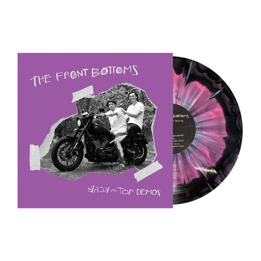 A Starburst Vinyl with black, white, and purple splatter peeks from a purple cover featuring a black-and-white photo of two people with a motorcycle. The screen printed cover reads The Front Bottoms - Easy On Top Demos. Brand: The Front Bottoms.