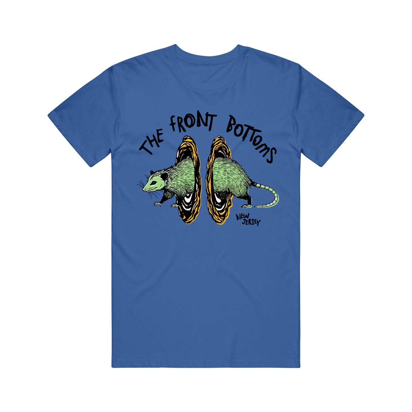 The Front Bottoms blue Bella Canvas T-shirt shows a possum walking through yellow-orange portals, with THE FRONT BOTTOMS above and NEW JERSEY below—perfect for fans of unique band apparel.