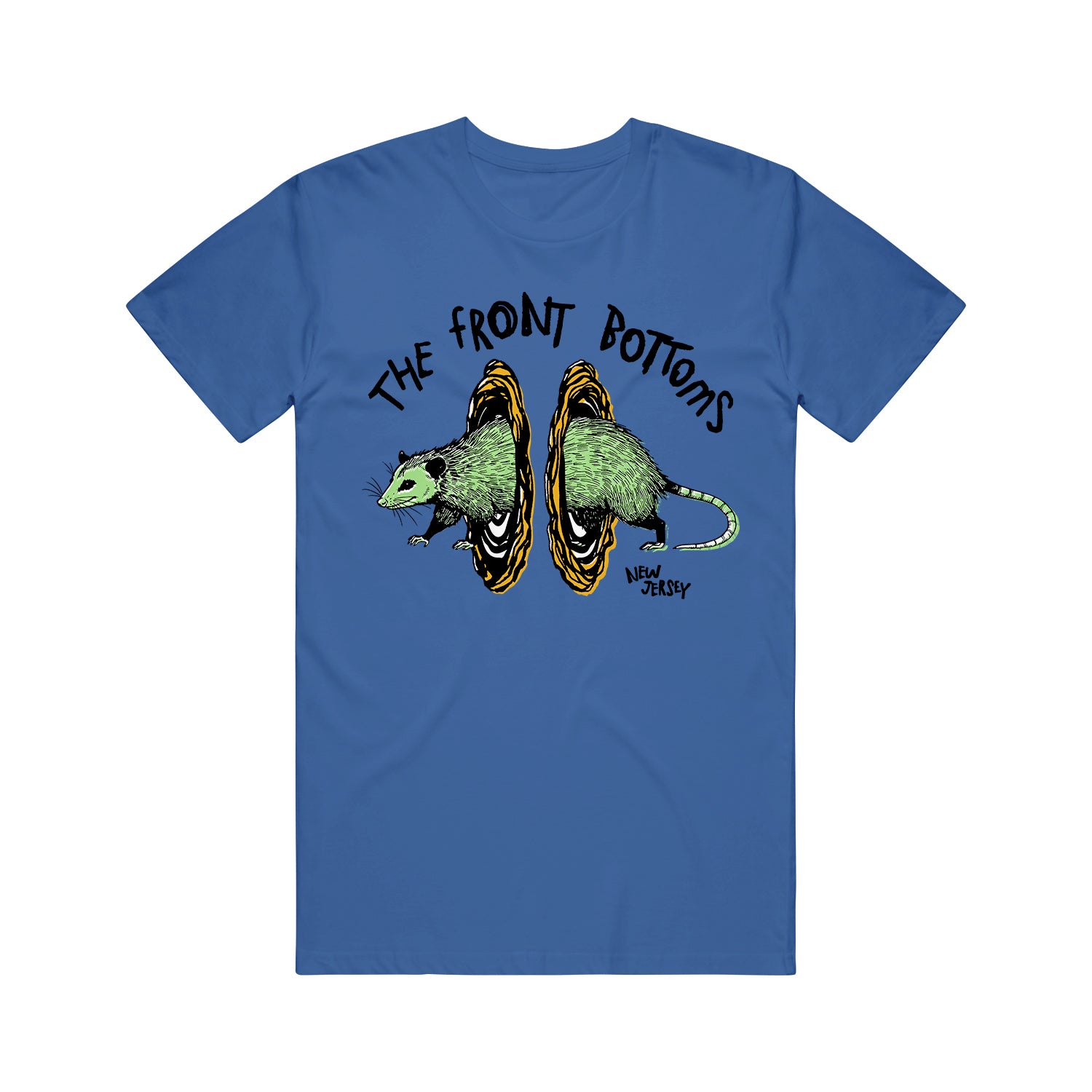 The Front Bottoms blue Bella Canvas T-shirt shows a possum walking through yellow-orange portals, with THE FRONT BOTTOMS above and NEW JERSEY below—perfect for fans of unique band apparel.