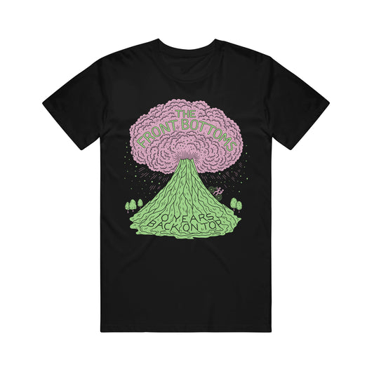 Printed on a Gildan Hammer tee, this black shirt from The Front Bottoms shows a green volcano erupting pink smoke with "The Front Bottoms" in the smoke, "10 Years Back On Top" below, and small trees around the base.