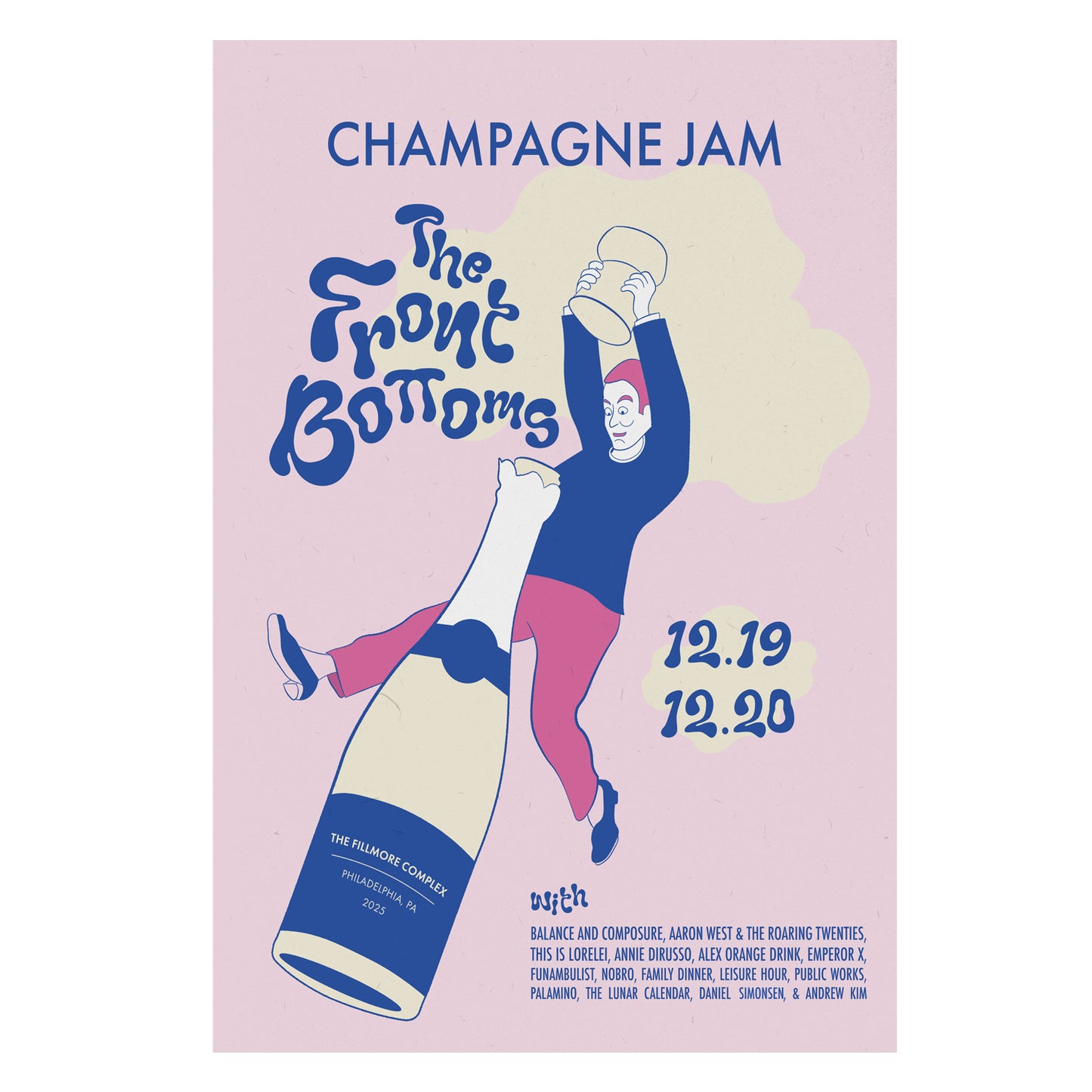 Poster for Champagne Jam with a cartoon figure riding a giant champagne bottle and holding one up. Event on 12/19 & 12/20, headlined by The Front Bottoms.