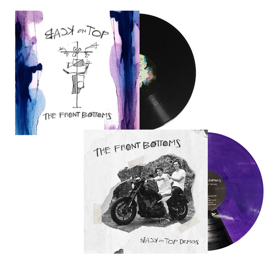 Two The Front Bottoms vinyl records: one black with abstract art cover, and another starburst vinyl with a screen-printed cover of two people on a motorcycle; both titled Back on Top.