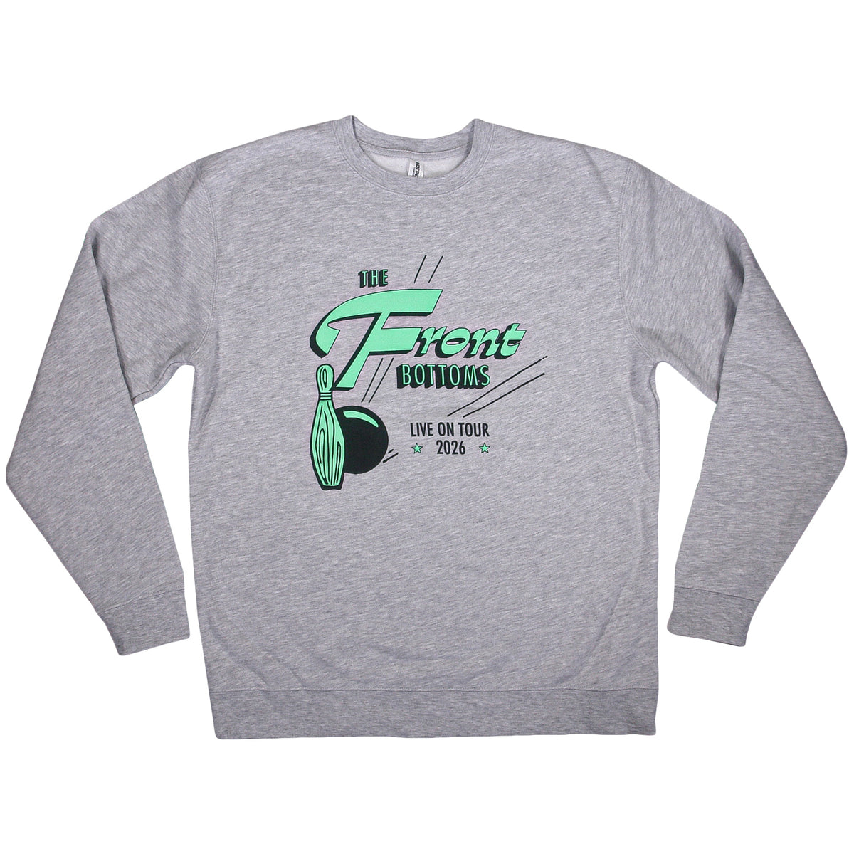Gray Independent Trading Co. crewneck sweatshirt featuring a The Front Bottoms Live on Tour 2026 graphic with a bowling pin and ball.
