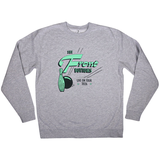 Gray Independent Trading Co. crewneck sweatshirt featuring a The Front Bottoms Live on Tour 2026 graphic with a bowling pin and ball.