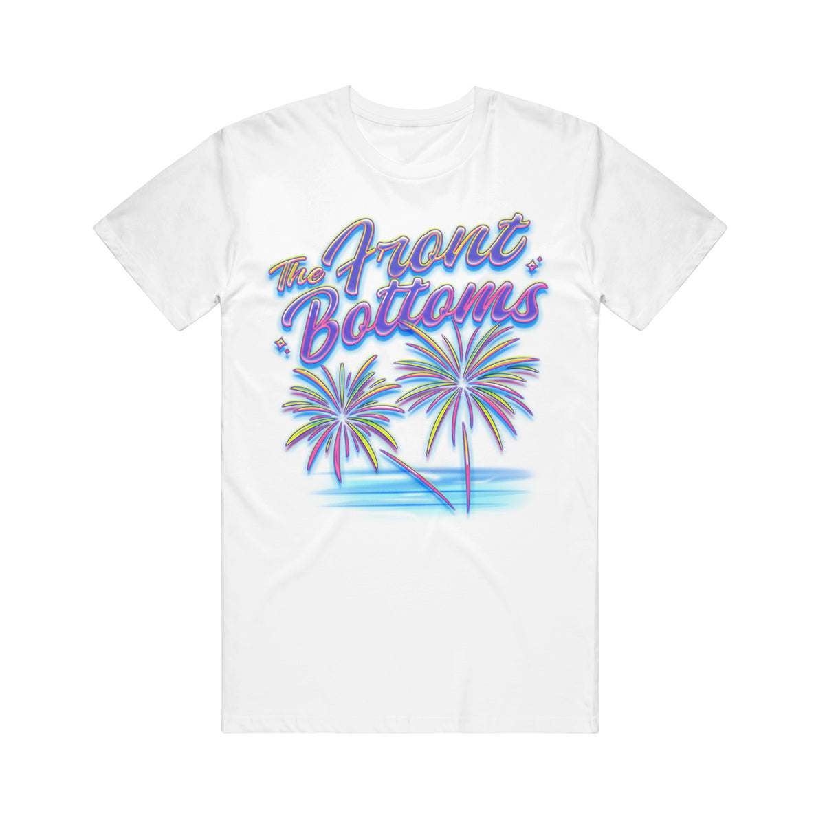 White ring-spun cotton t-shirt featuring a graphic of two palm trees over water and the text The Front Bottoms in retro-style, multi-colored lettering.