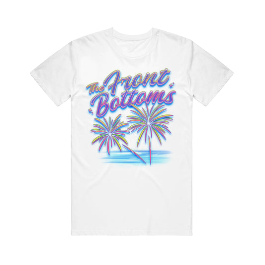 White ring-spun cotton t-shirt featuring a graphic of two palm trees over water and the text The Front Bottoms in retro-style, multi-colored lettering.