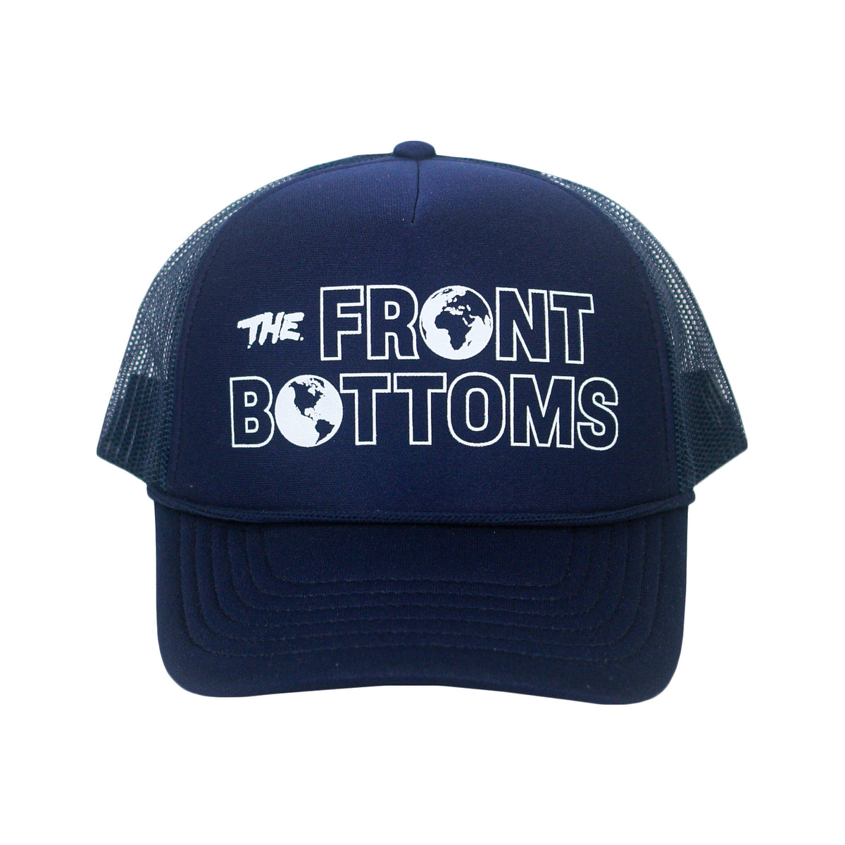 Dark blue polyester mesh trucker hat with THE FRONT BOTTOMS printed in white text, featuring globe icons replacing the letter O.