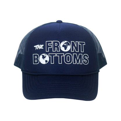 Dark blue polyester mesh trucker hat with THE FRONT BOTTOMS printed in white text, featuring globe icons replacing the letter O.