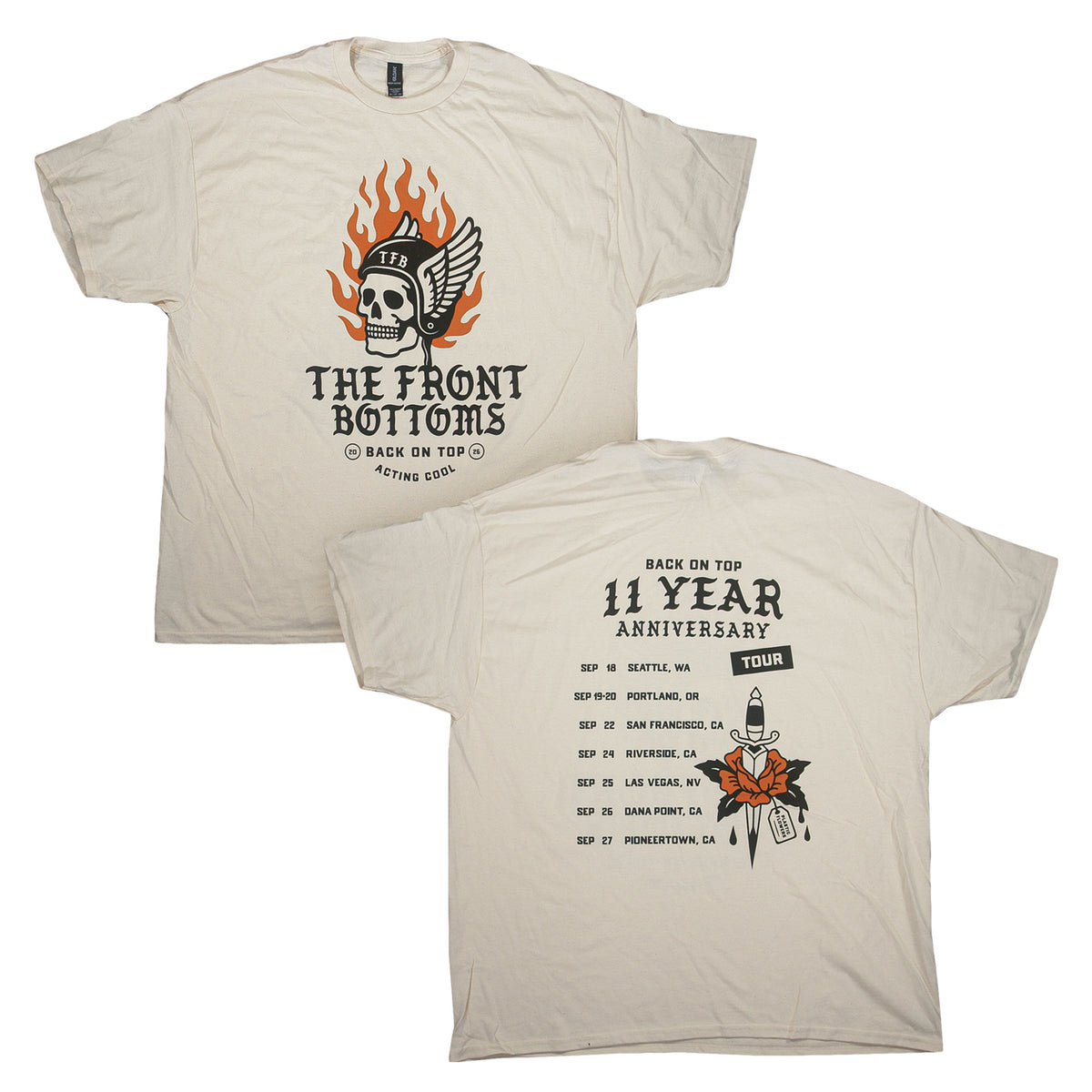 Off-white Gildan Heavy Cotton T-shirt shown from front and back, featuring a flaming skull graphic on the front and a list of tour dates for The Front Bottoms 11 Year Anniversary on the back.