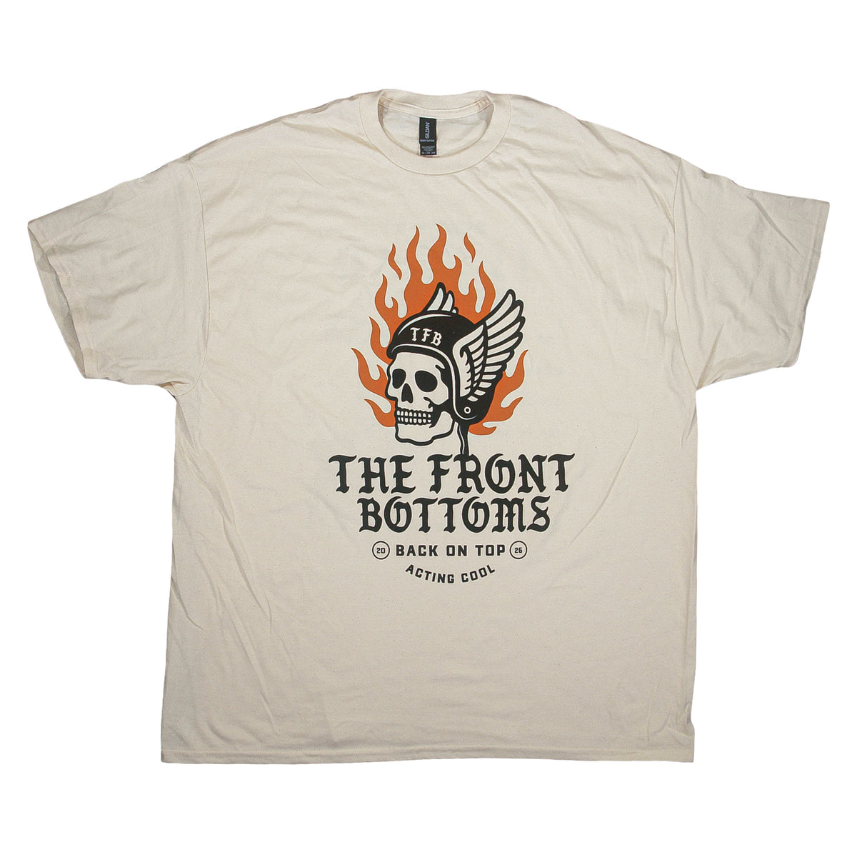 Off-white classic fit t-shirt featuring a graphic of a winged skull wearing a helmet in front of flames, with text reading The Front Bottoms, Back On Top, and Acting Cool.