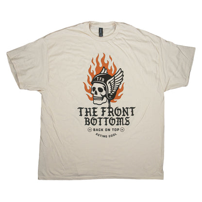 Off-white classic fit t-shirt featuring a graphic of a winged skull wearing a helmet in front of flames, with text reading The Front Bottoms, Back On Top, and Acting Cool.