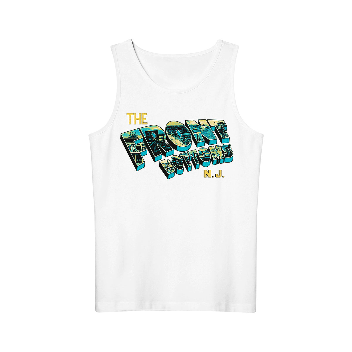 White Gildan Heavy Cotton tank top featuring The Front Bottoms N.J. graphic text filled with a beach and pier illustration.