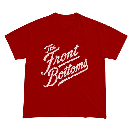 Red Comfort Colors ring-spun cotton t-shirt with a white distressed The Front Bottoms band logo on the chest.