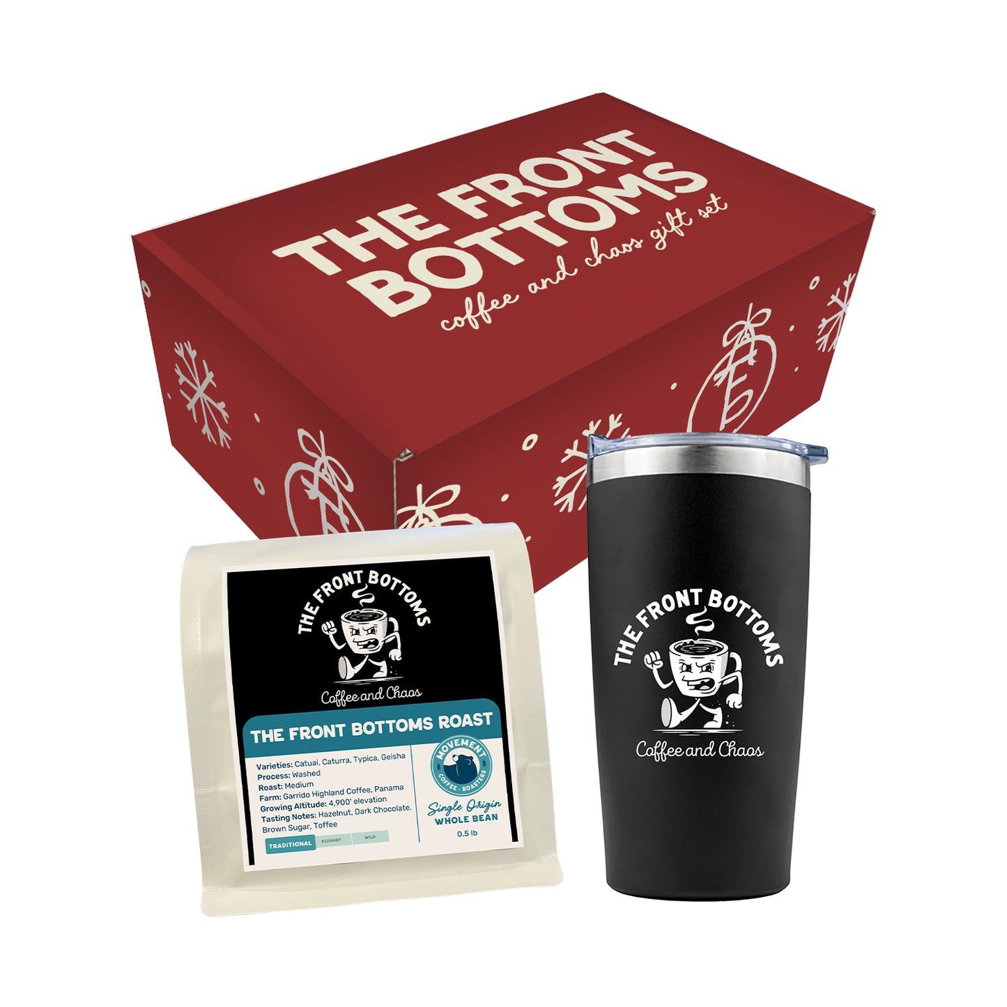 A red gift box labeled The Front Bottoms coffee and chaos sits behind a black tumbler and a bag of The Front Bottoms Roast Coffee by Movement Roasters, both with The Front Bottoms’ logo.
