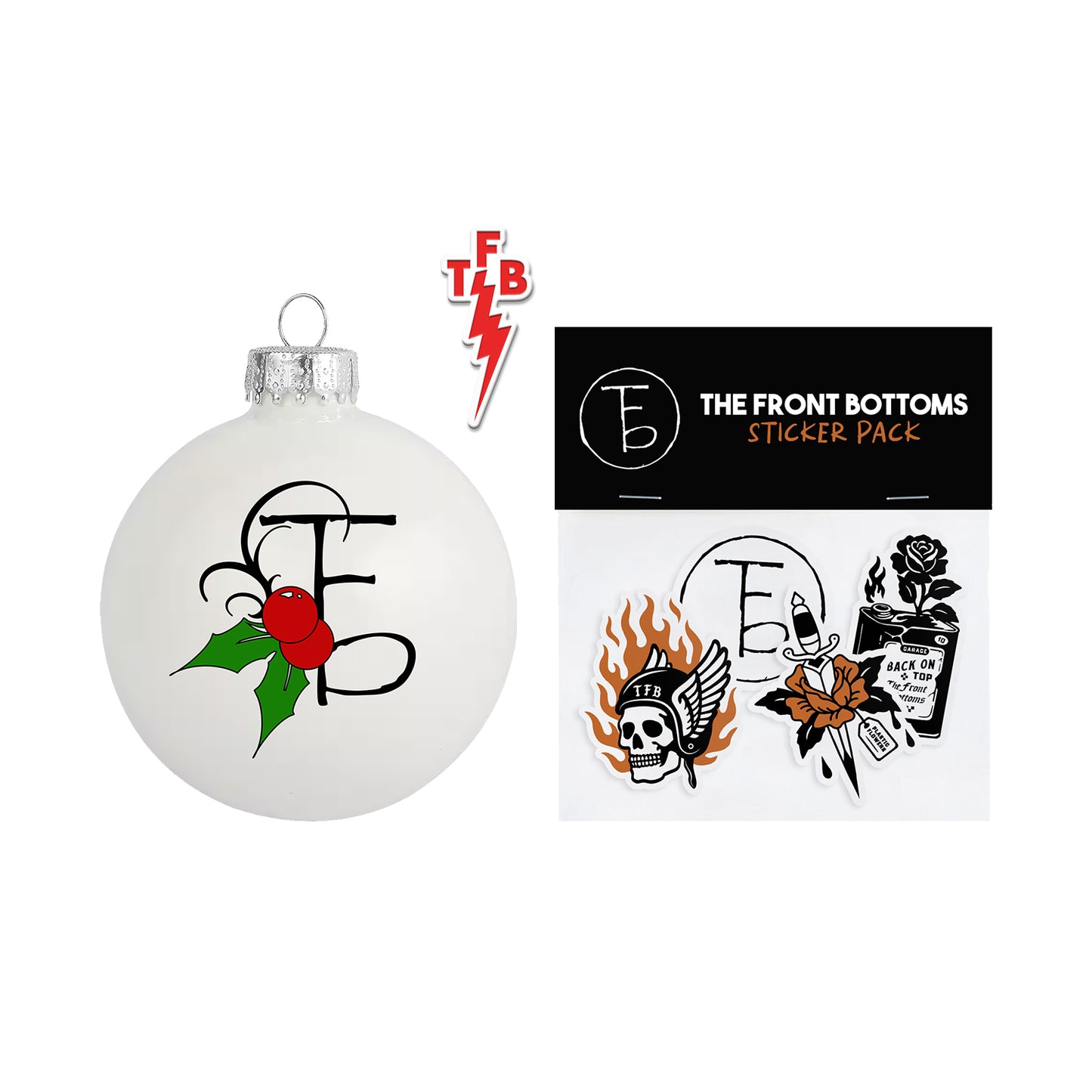 A white holly ornament and a red lightning enamel pin, plus The Front Bottoms logo sticker pack with skull, fire, leaves, and flower designs.
