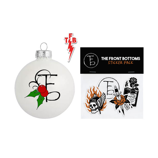 A white holly ornament and a red lightning enamel pin, plus The Front Bottoms logo sticker pack with skull, fire, leaves, and flower designs.
