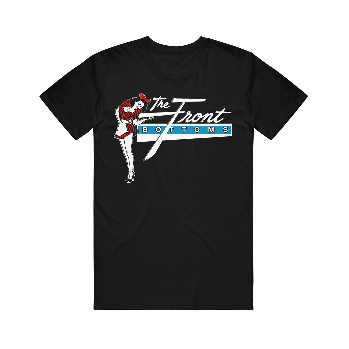 A black short-sleeve crewneck t-shirt featuring a retro graphic on the chest of a pin-up style woman in a red and white outfit next to the text 'The Front Bottoms' in white and blue.