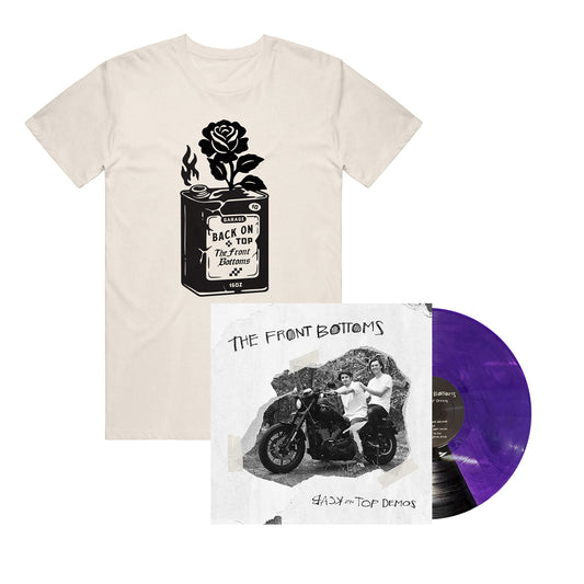 A cream T-shirt with a black flower-in-can graphic, plus a purple starburst vinyl and a screen-printed cover featuring two on a motorcycle with The Front Bottoms Back On Top Demos.