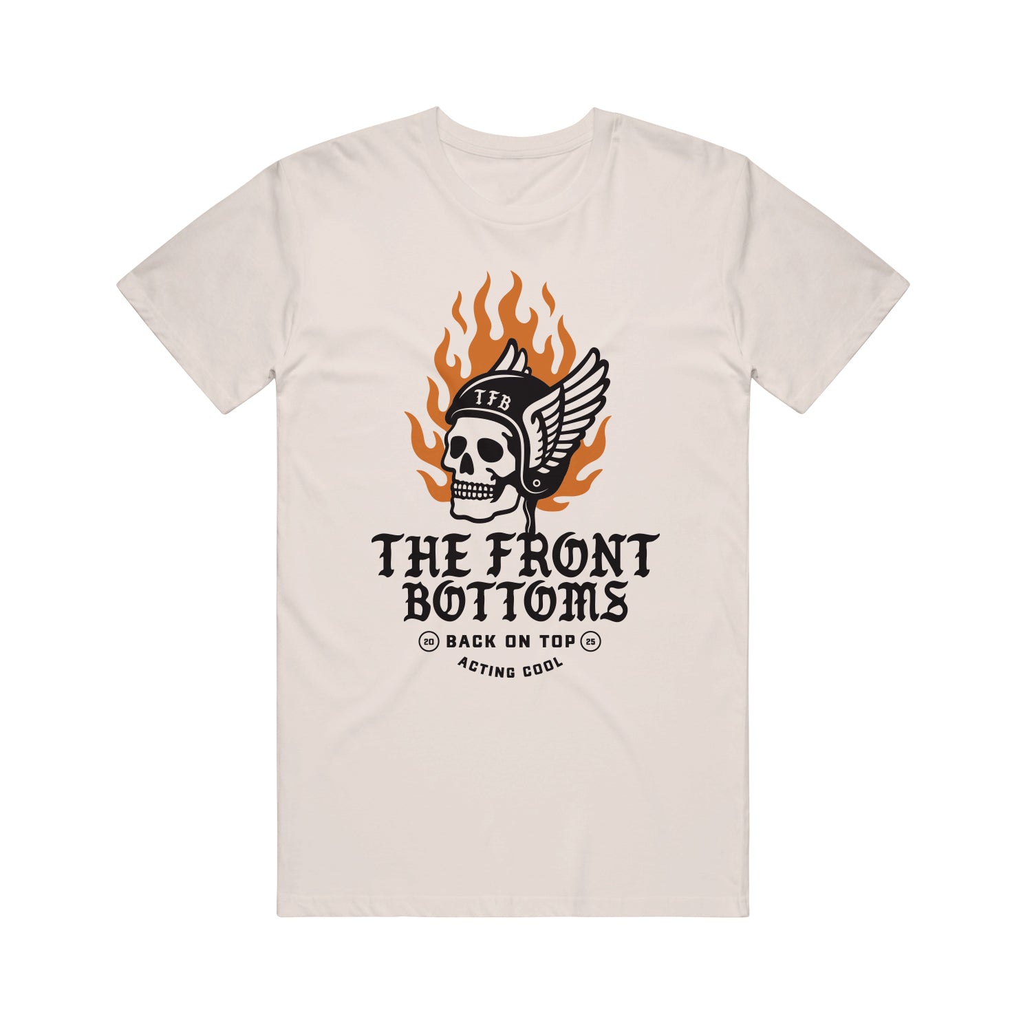 A beige Gildan Heavy Cotton T-shirt with a helmeted skull, “TFB,” flames, and wings. Below: bold "The Front Bottoms" and small text “Back on Top” & “Acting Cool.” Brand: The Front Bottoms.