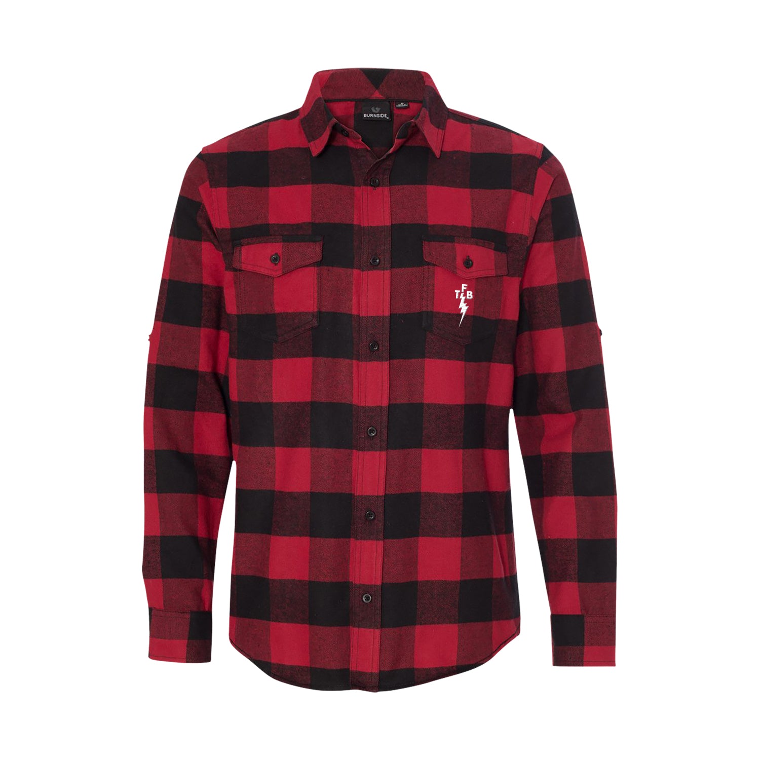 Red and black The Front Bottoms flannel shirt with long sleeves, two chest pockets, buttoned front, and a small white embroidered design on the left pocket. Shirt is shown on a plain white background.