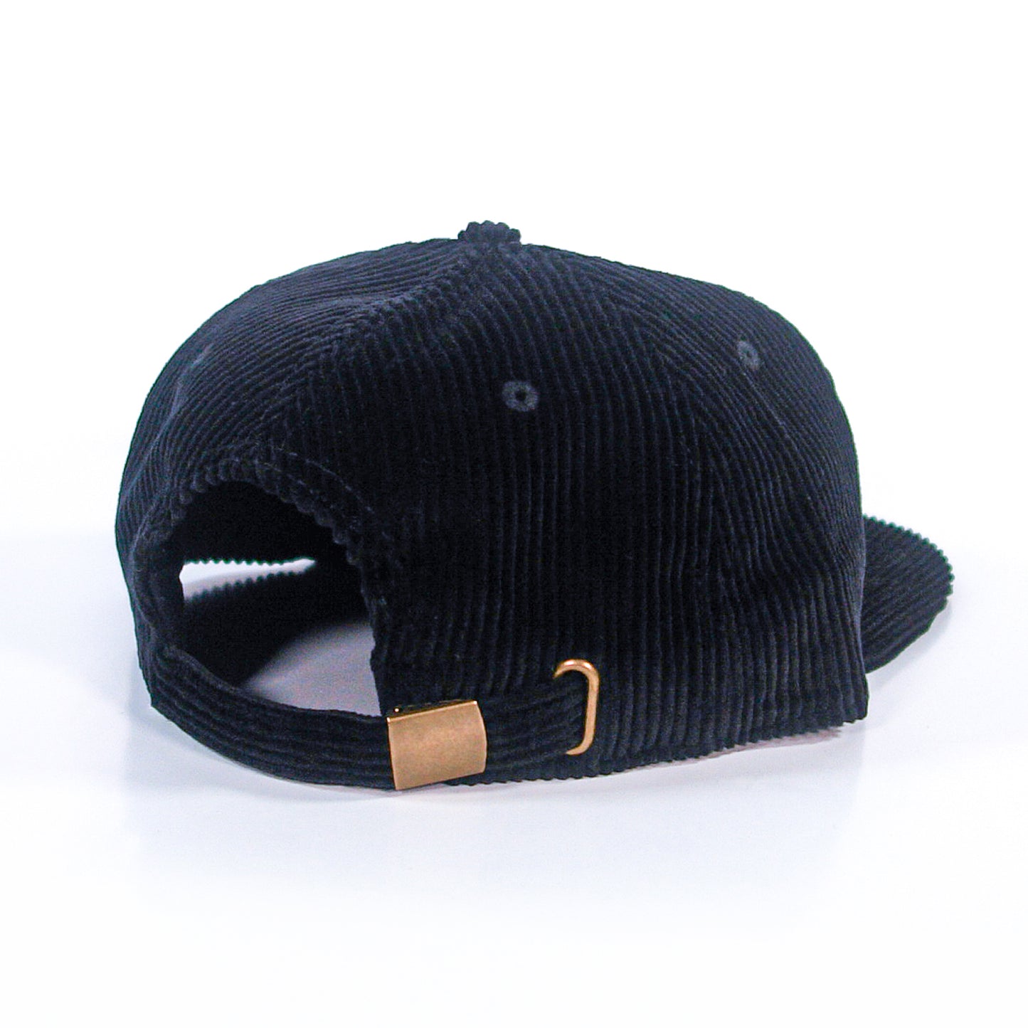 A black corduroy baseball cap from The Front Bottoms' Class Chord Hats collection, shown from the back, featuring an adjustable strap with a gold buckle—perfect for fans of quality embroidered hats.