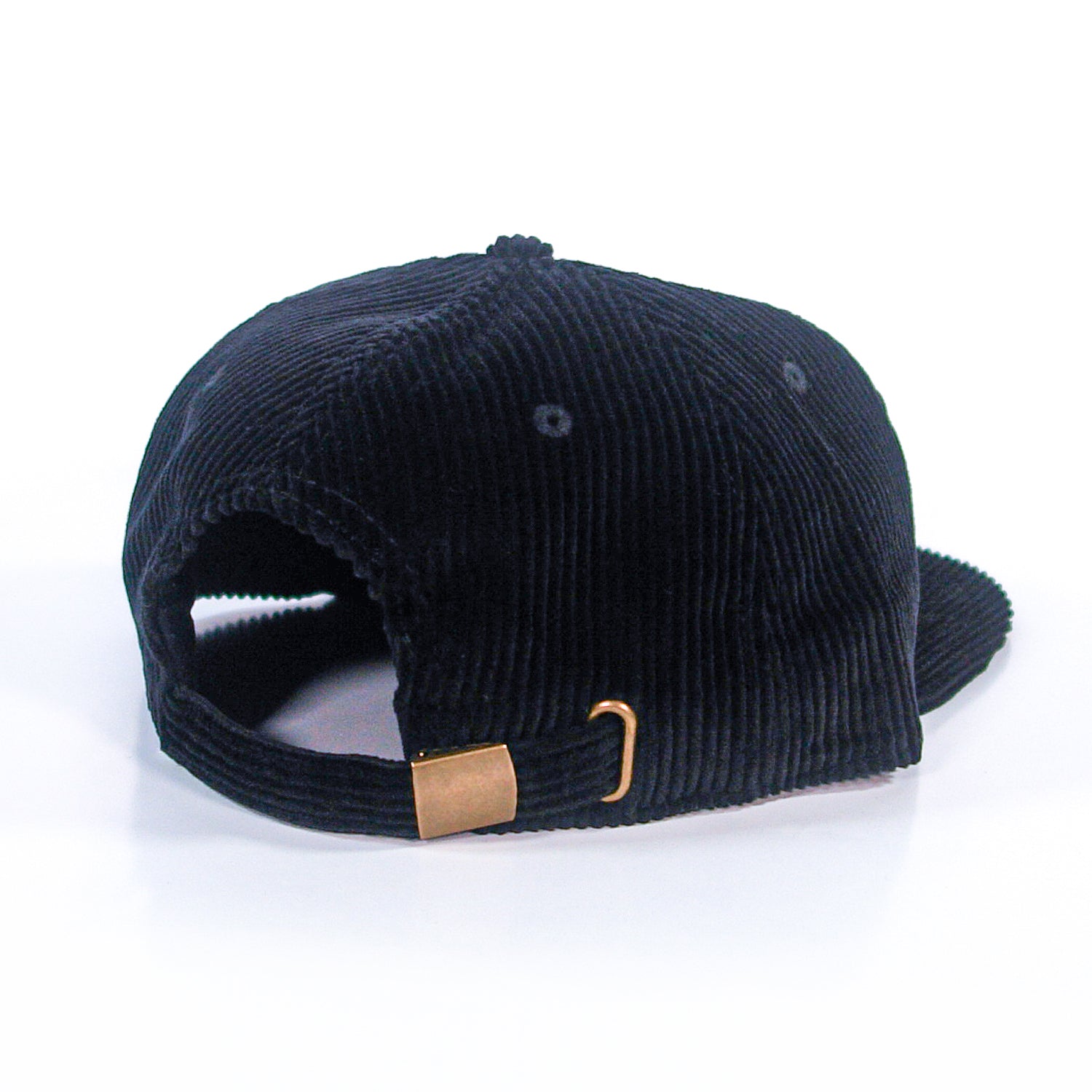 A black corduroy baseball cap from The Front Bottoms' Class Chord Hats collection, shown from the back, featuring an adjustable strap with a gold buckle—perfect for fans of quality embroidered hats.