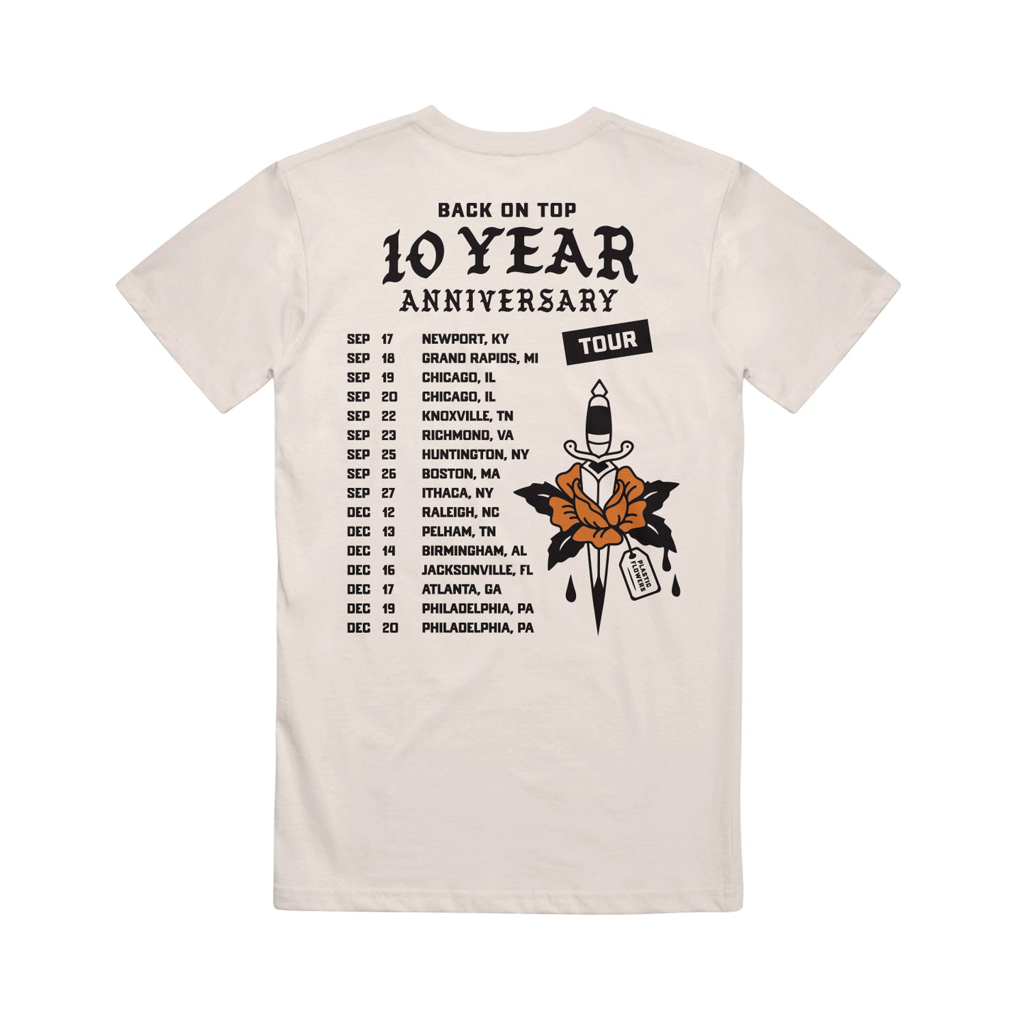A white The Front Bottoms Gildan Heavy Cotton t-shirt with "Back on Top 10 Year Anniversary Tour" on the front and tour dates above a dagger-through-orange-rose graphic on the back—ideal for fans of unique printed tees.