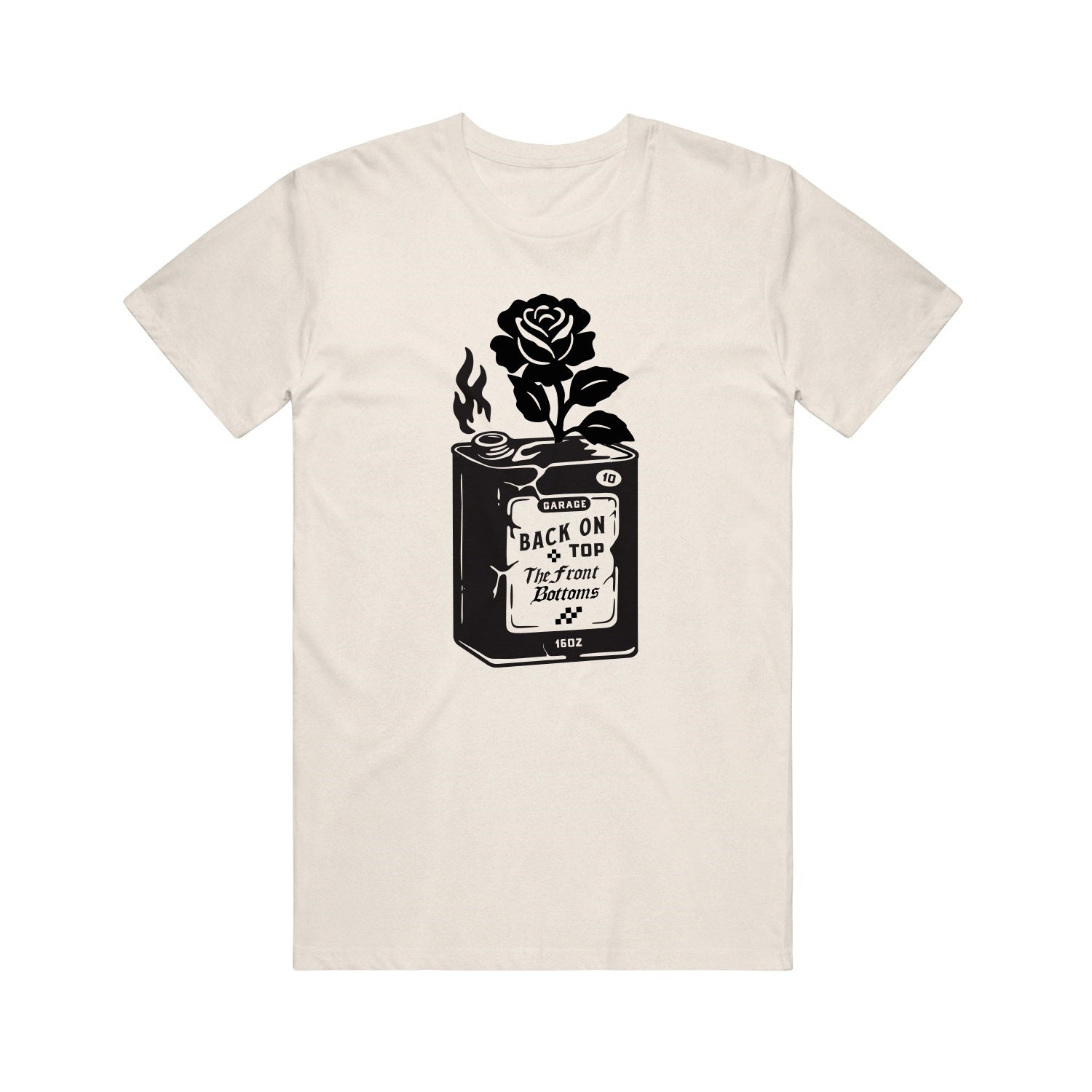 The Front Bottoms beige Gildan T-shirt features a black rose rising from a 16oz paint can labeled Back on Top, with a small flame—ideal for fans who love unique printed tees.
