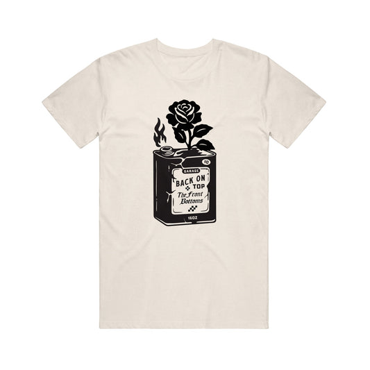 The Front Bottoms beige Gildan T-shirt features a black rose rising from a 16oz paint can labeled Back on Top, with a small flame—ideal for fans who love unique printed tees.