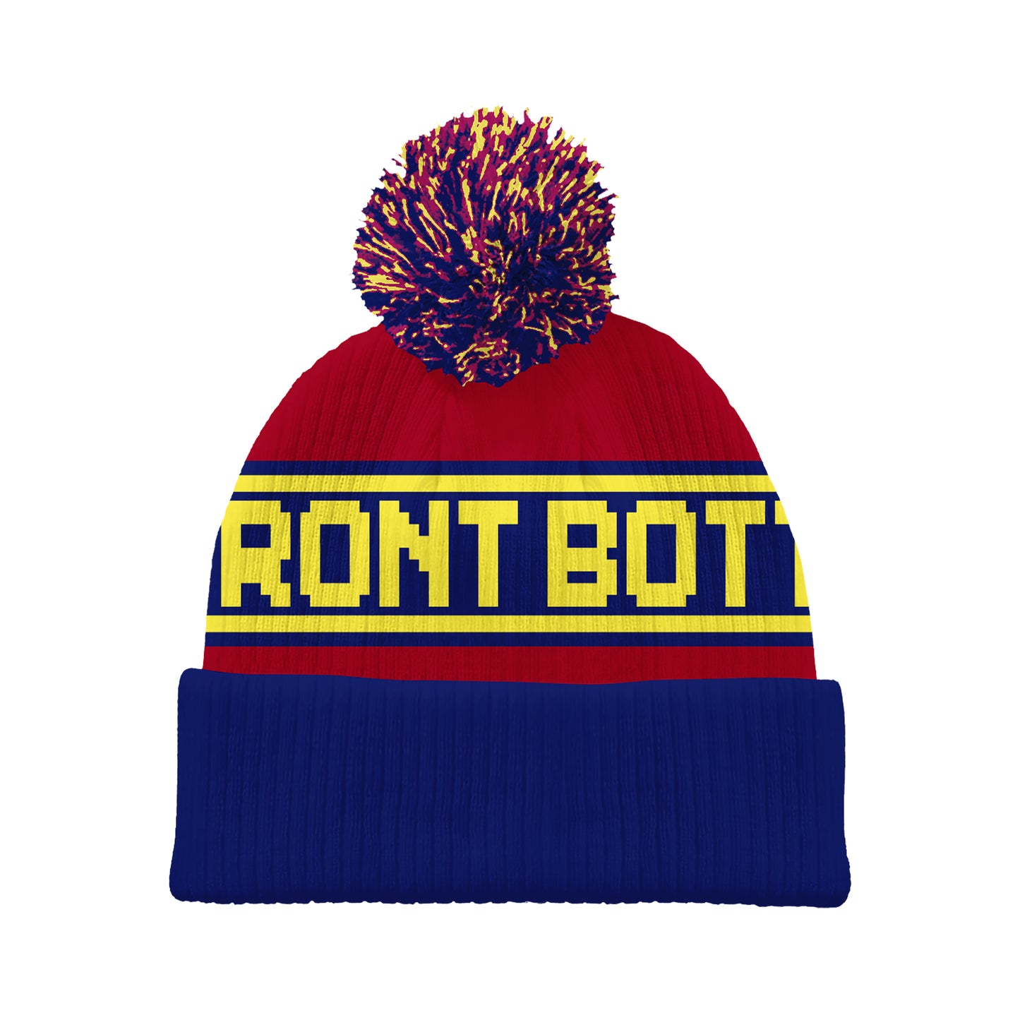 A red, blue, and yellow knit beanie with a pom-pom featuring "FRONT BOTTOMS" in bold yellow letters across the front. Official The Front Bottoms merch—order soon to get it in time for the holidays!.