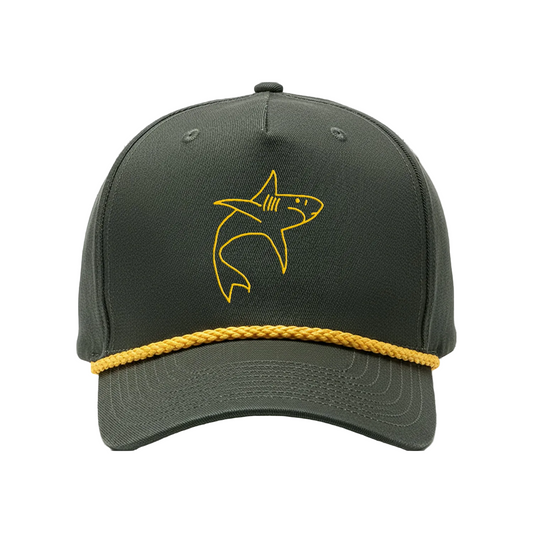 A dark green The Front Bottoms baseball cap featuring a yellow embroidered shark outline on the front and a yellow braided rope above the brim.