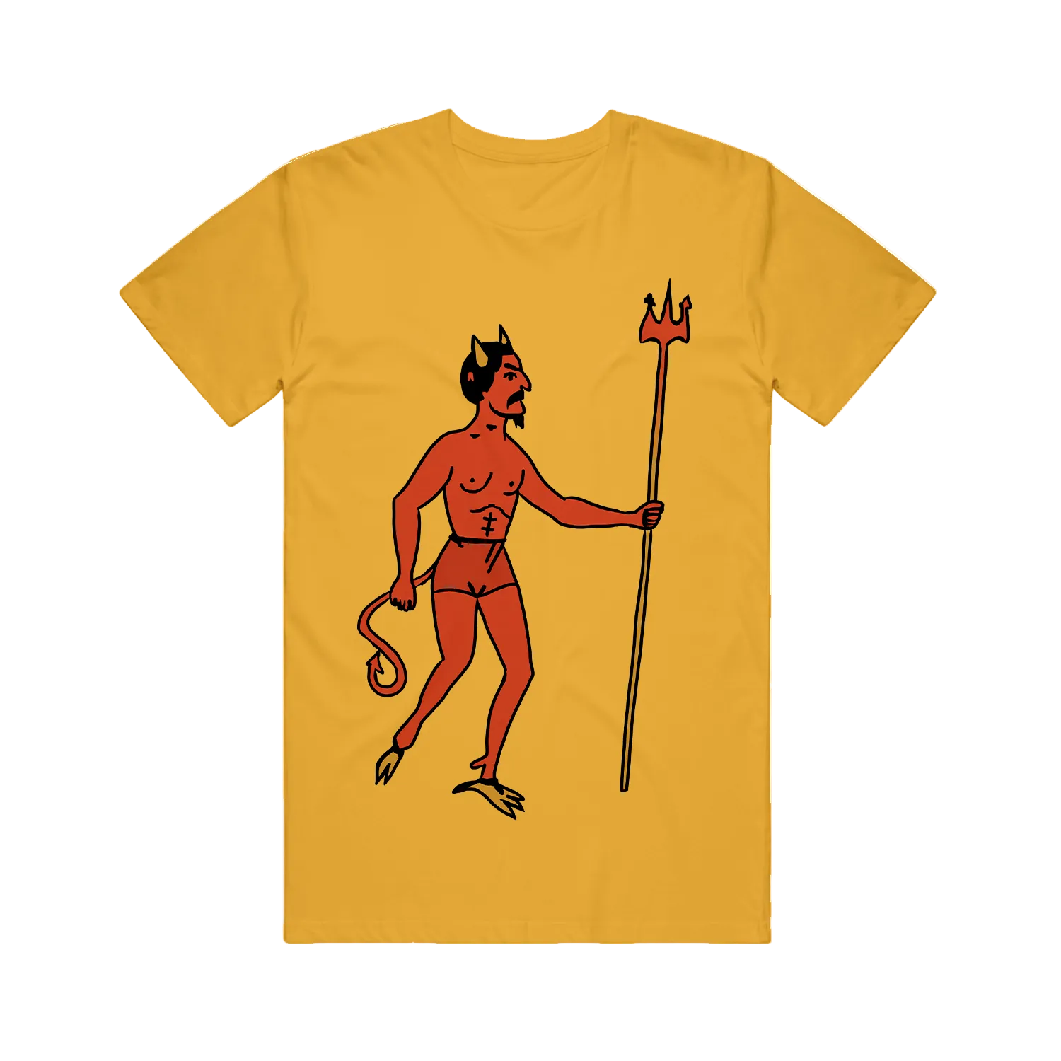 Mustard yellow Comfort Colors t-shirt by The Front Bottoms featuring a cartoon red devil with horns, trident, and tail, standing on clawed feet. This is a presale item—secure yours now!.