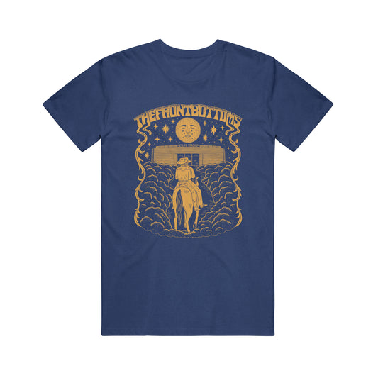 Navy blue The Front Bottoms t-shirt with a gold print of a person riding a horse toward a cabin under the moon and stars, clouds, and THE FRONT BOTTOMS text above.