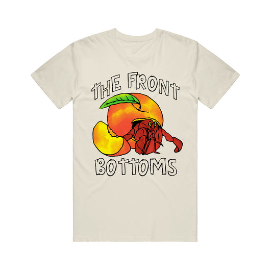 A cream Gildan Ultra Cotton T-shirt from The Front Bottoms featuring a large peach with a hermit crab on the front, and THE FRONT BOTTOMS printed above and below the illustration.